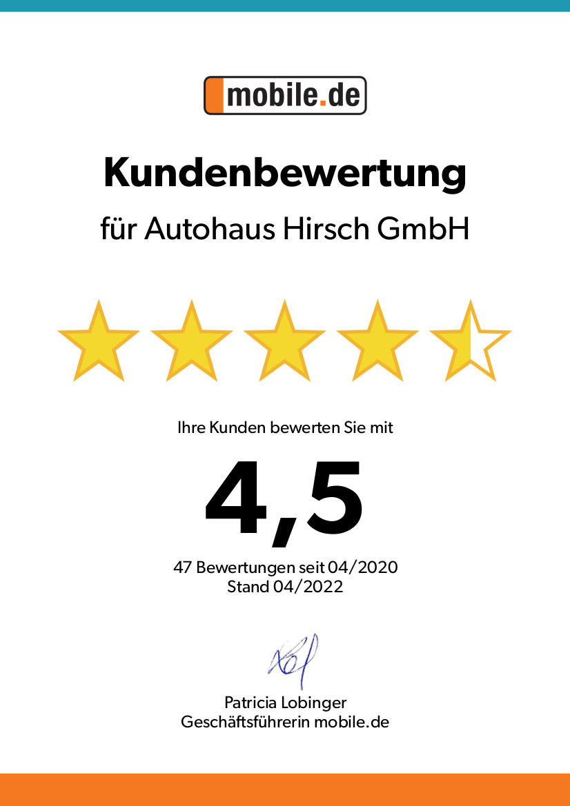 Auszeichnug und Top-Kundenbewertung des Hyundai Autohaus Hirsch Chemnitz auf mobile.de